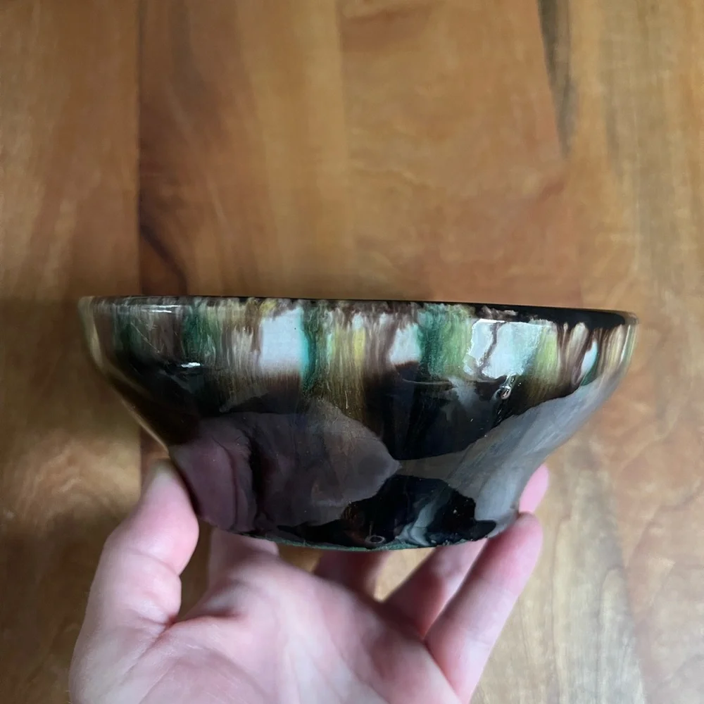 Vintage MCM Handmade Murztal Austria Ceramic Pottery Bowl Drip Black Brown 5.5" - Picture 2 of 6
